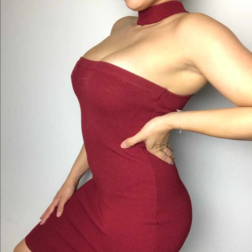 Burgundy strapless knit dress
